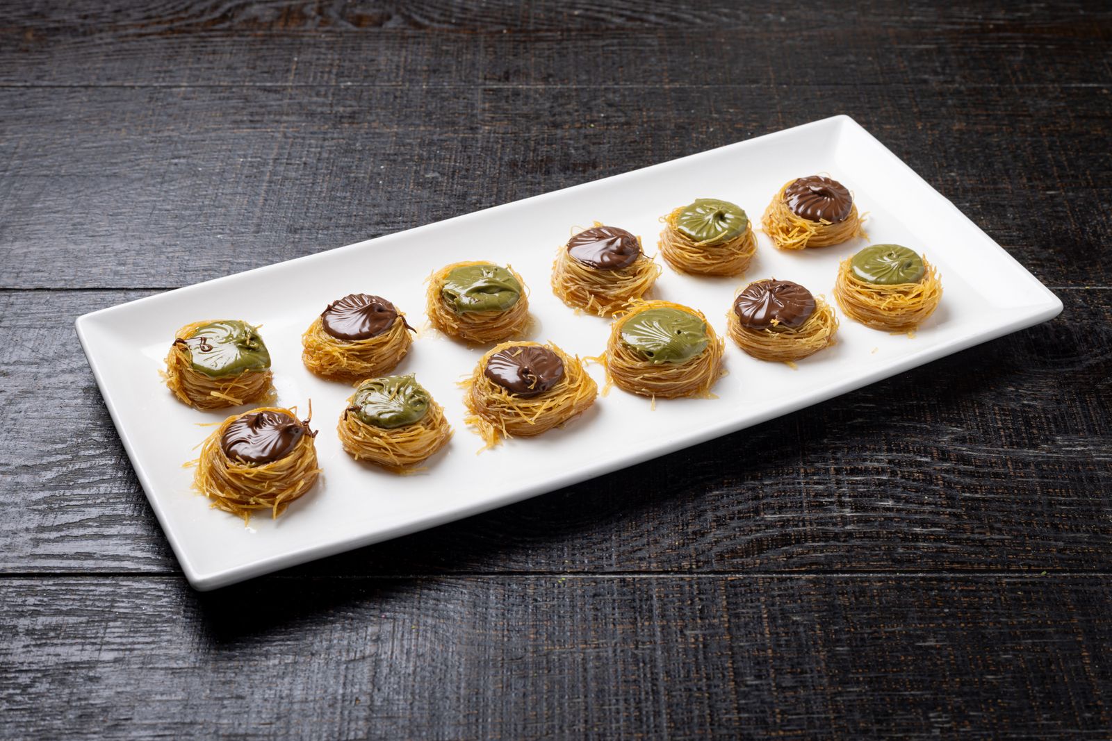 Kunafa nests filled with pistachio and chocolate